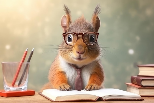 Squirrel with reading book Generative AI
