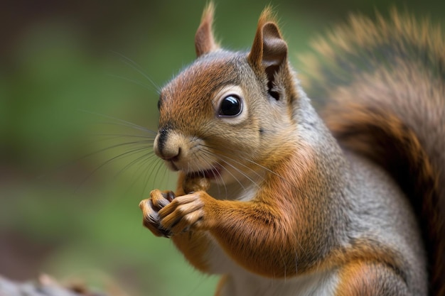 A squirrel with a red tail is eating a nut.