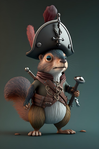 A squirrel with a sword and a hat that says'squirrel '
