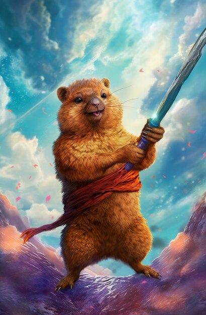 A squirrel with a sword is standing on a cloud.