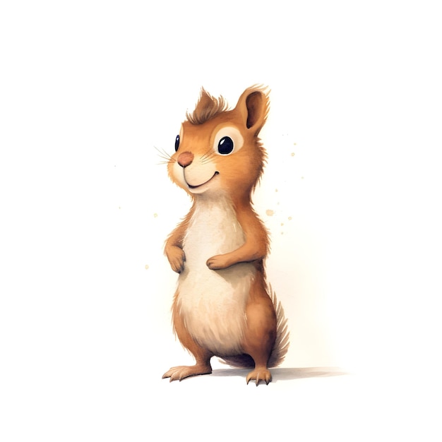 A squirrel with a white belly and a brown tail is standing on a white background.