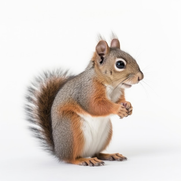 A squirrel with a white belly and a red tail is standing on a white background.