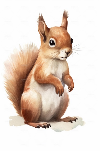 A squirrel with a white belly and a red tail is on a white background.