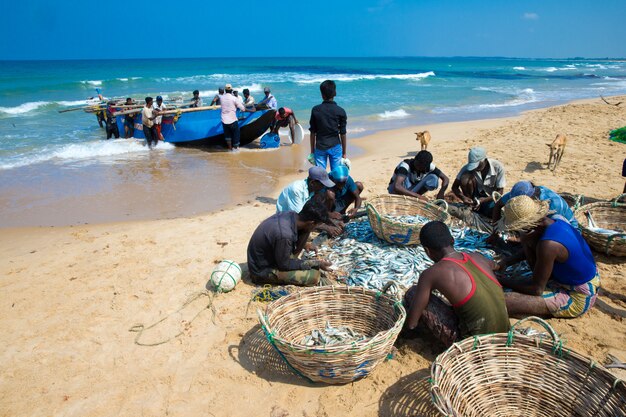 SRI LANKA - Mach 23: Lokale vissers trekken een visnet uit de Indische Oceaan op Mach 23, 2017 in Kosgoda, Sri Lanka. Vissen in Sri Lanka is de manier waarop ze hun brood verdienen.