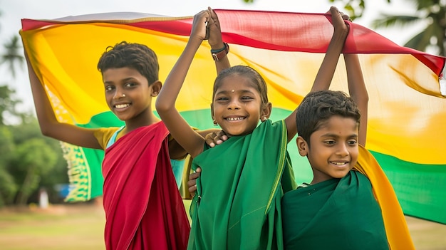 Sri lankan kids holding the sri lankan flag