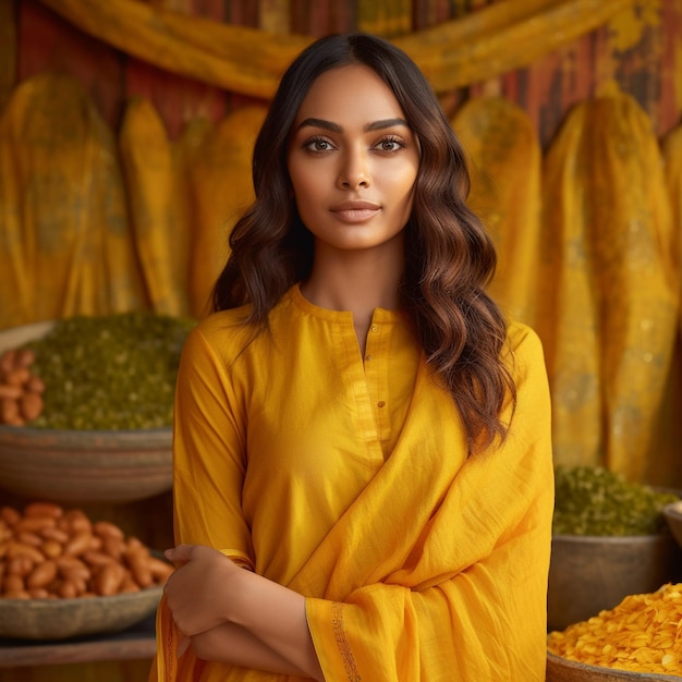 Photo sri lankan woman wearing yellow shalwar