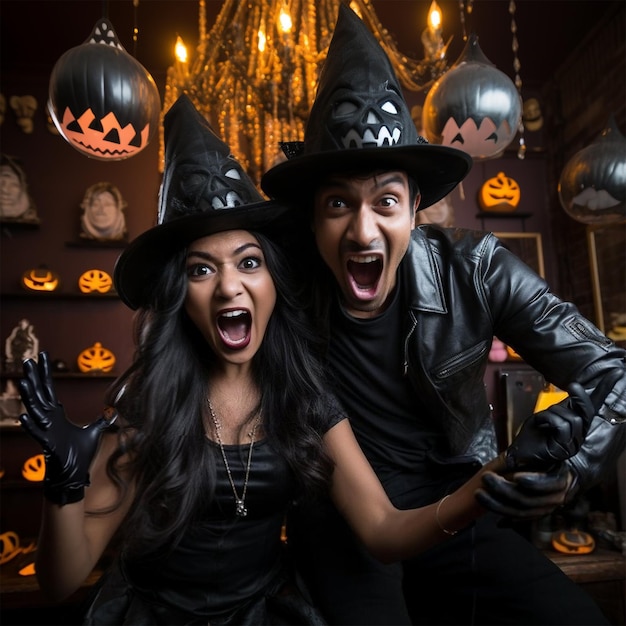 Фото Молодая пара из шри-ланки на вечеринке в честь хэллоуина