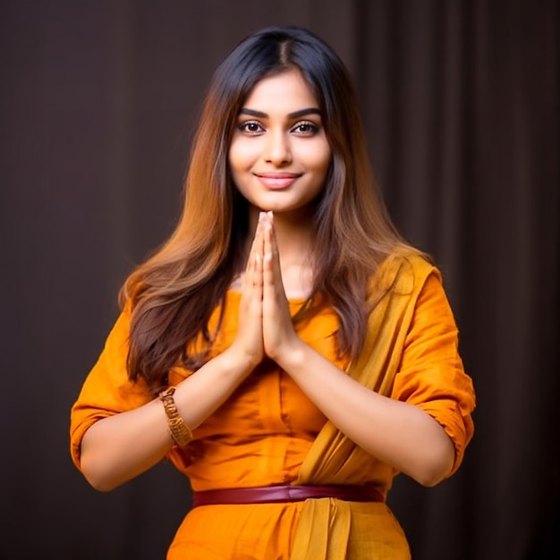 Sri Lankan Young Woman Greeting Ayubowan Namaste Hand Gesture