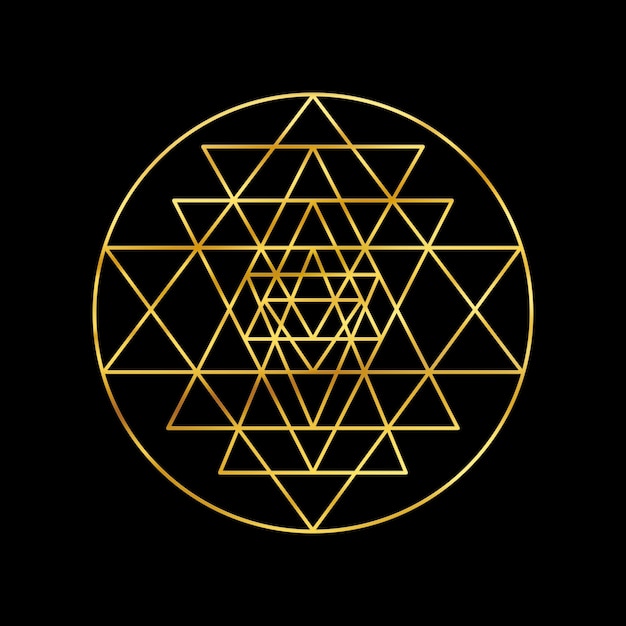 Золотой символ Шри-янтры, изолированный на черном фоне, священная геометрия, золотой символ