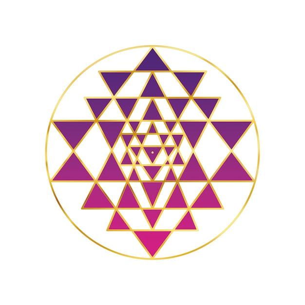 Sri yantra with gold and purple colors isolated on white Sacred geometry symbol