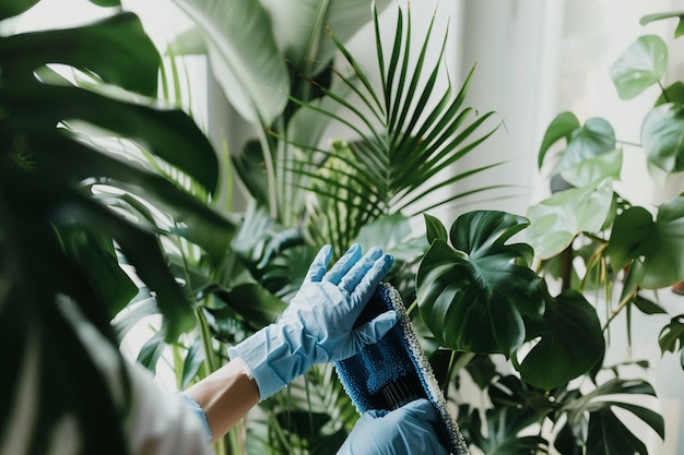 Sropped shot of woman in rubber gloves cleaning houseplant with sponge