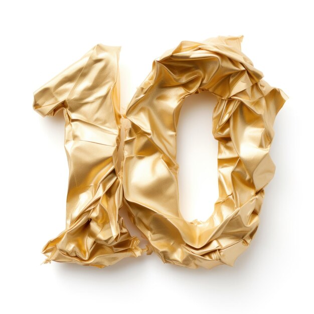 Photo srumpled gold foil number 10 isolated illustration ai generativexa
