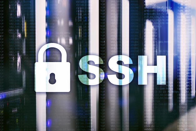 SSH Secure shell network internet connection Server room on background