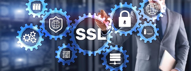 SSLビジネスマンが仮想画面を押すSecureSocketsLayerの概念暗号化プロトコルは安全な通信を提供します