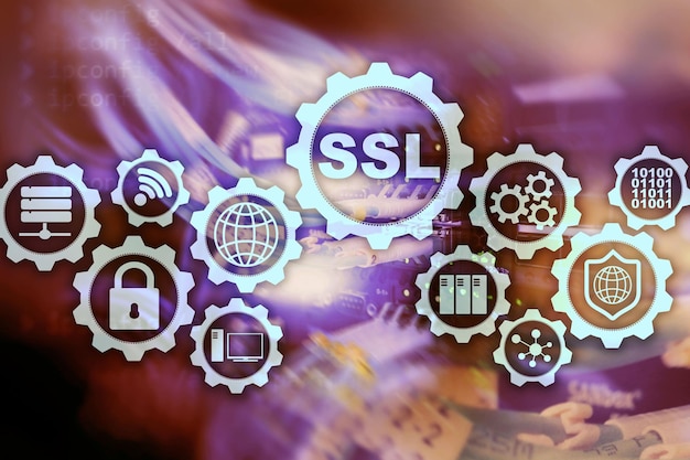 Foto ssl secure sockets layer-concept cryptografische protocollen zorgen voor beveiligde communicatie serverruimte-achtergrond