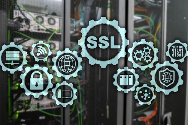 SSL Secure Sockets Layerコンセプト 暗号プロトコルがセキュアな通信を提供する サーバールームのバックグラウンド