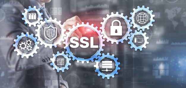 SSL zakenman drukt op virtueel scherm Secure Sockets Layer concept Cryptografische protocollen bieden beveiligde communicatie