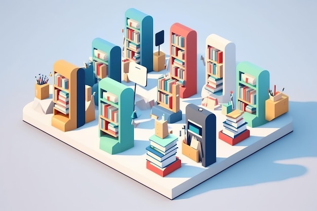 Ssometric cartoon of a library complete with bookshelves books reading spaces and study accessories