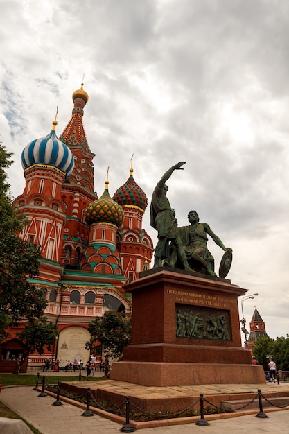 St. basil\'s cathedral and the monument to minin and pozharsky\
on the kremlin\'s red square. the city of moscow, russia