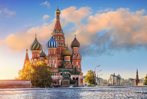 St. Basil's Cathedral on Red Square in Moscow and and  a pink cloud on one autumn morning