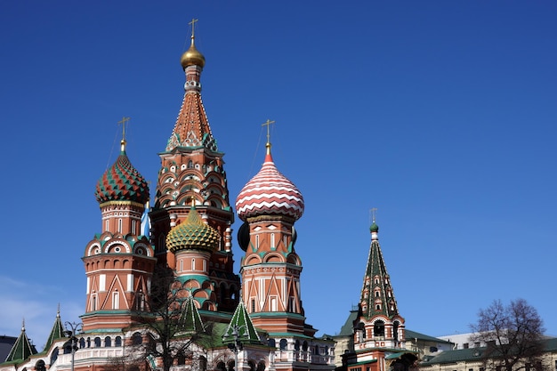 St Basil's Cathedral on Red Square in Moscow Russia against blue cloudless sky