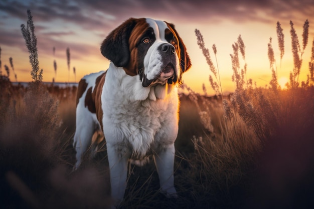 St Bernard outdoors on sunny meadow in late afternoon