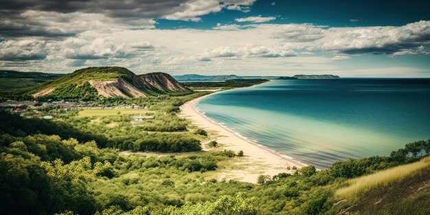 St Clair Beach is among lush vegetation and nearby hills