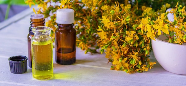 St John's wort essential oil in a small bottle Selective focus