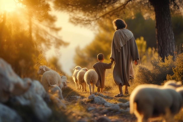 Photo st joseph with boy jesus christ herding sheep portrayal of a biblical drama illustrating sacred bond between saint joseph and young jesus as they tend to the flock