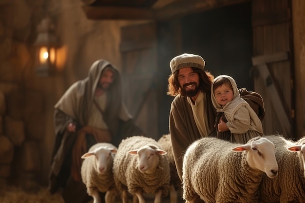 St Joseph with boy Jesus Christ herding sheep portrayal of a biblical drama illustrating sacred bond between saint Joseph and young Jesus as they tend to the flock