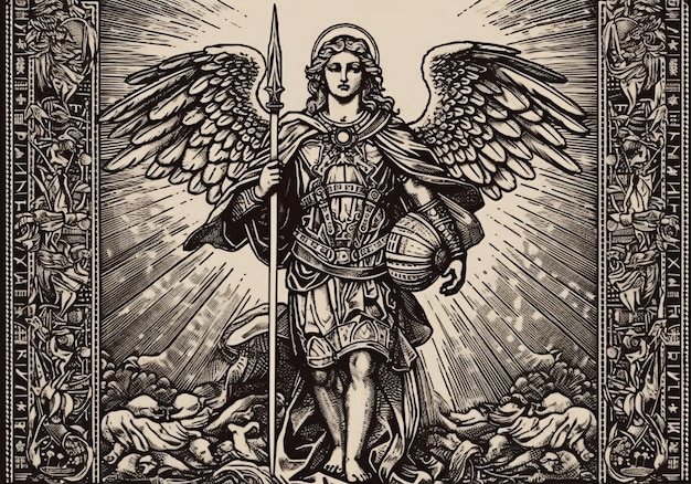 St Michael the Archangel Illustration Archangle Saint Michael Generative Ai Protection and Defense Symbol Old engraving style