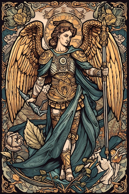 St Michael de aartsengel Illustratie Aartsengel Saint Michael Generatieve Ai Bescherming en verdediging Symbool Oude tarotstijl