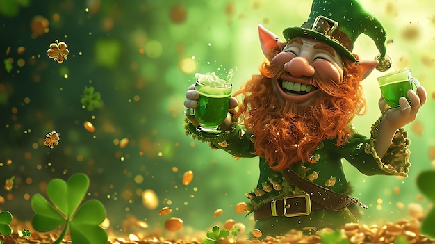 St Patrick dag Groene klaver Leprechaun drinkend in een pubpot met goud