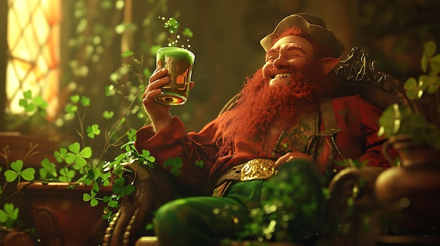 Photo st patrick day green clover leprechaun drinking in a pub pot of gold