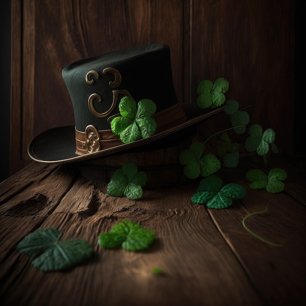 St. Patrick Day hat on a wooden table with lucky clovers