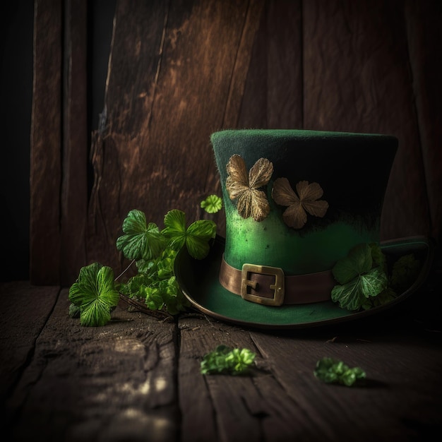 St. Patrick Day hoed op een houten tafel met klavertjes