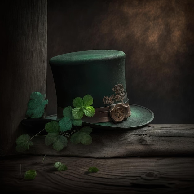 St. Patrick Day hoed op een houten tafel met klavertjes