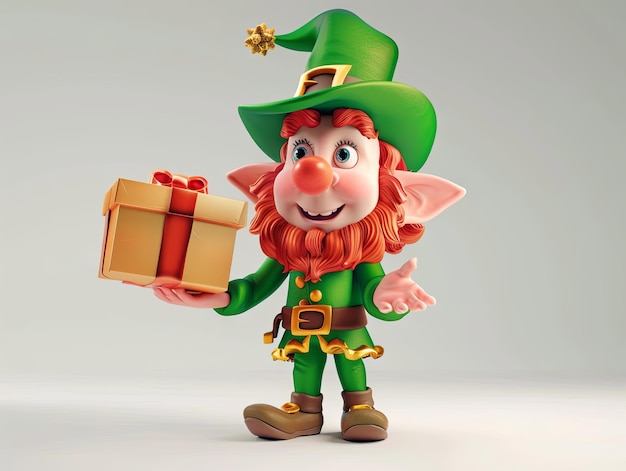 St Patrick day a Leprechaun hold a gift box in cartoon 3D style