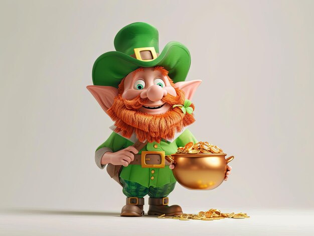 St Patrick day a Leprechaun hold a pot of gold coins in cartoon 3D style