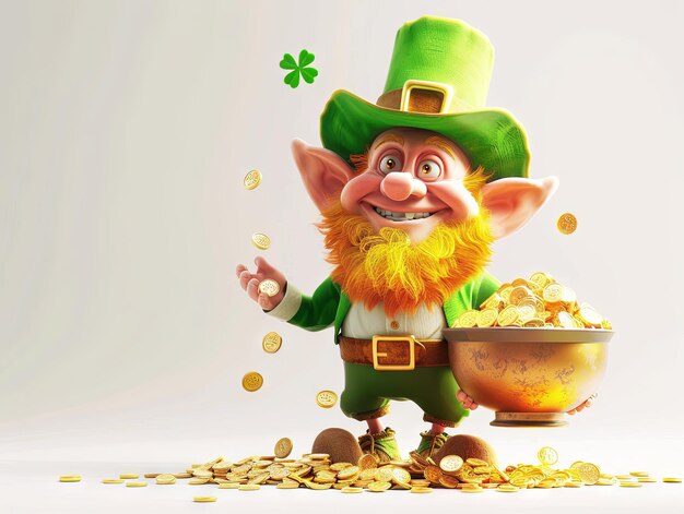 St Patrick day a Leprechaun hold a pot of gold coins in cartoon 3D style