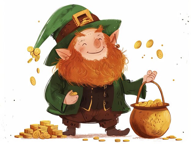 St Patrick day a Leprechaun hold a pot of gold coins in cartoon style