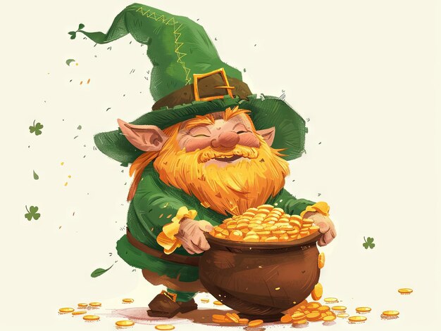 St Patrick day a Leprechaun hold a pot of gold coins in cartoon style