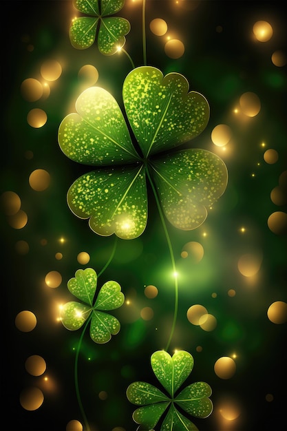 St Patrick's Day abstract dark background decorated with green and golden shamrock leaves Saint Patrick Day party celebrating Horizontal illustration Generative AI