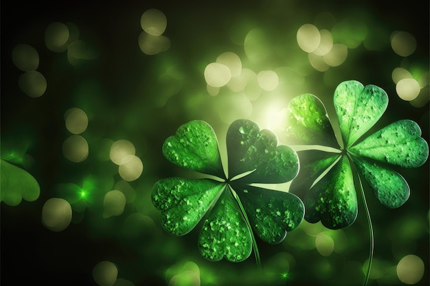 St Patrick's Day abstract dark background decorated with green and golden shamrock leaves Saint Patrick Day party celebrating Horizontal illustration Generative AI