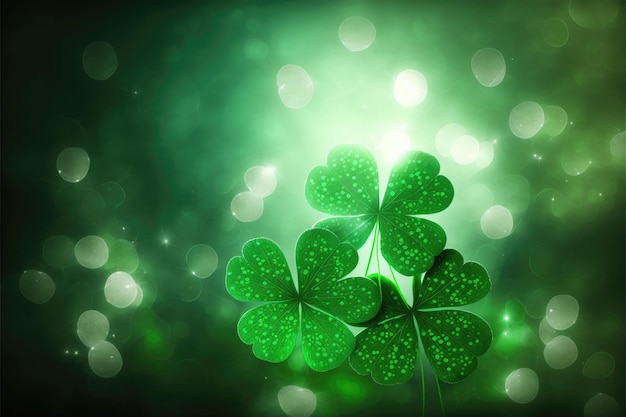 St Patrick's Day abstract dark background decorated with green and golden shamrock leaves Saint Patrick Day party celebrating Horizontal illustration Generative AI