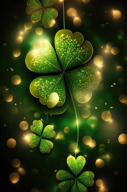 St Patrick's Day abstracte donkere achtergrond versierd met groene en gouden klaverblaadjes Saint Patrick Day feest vieren Verticale illustratie Generatieve AI