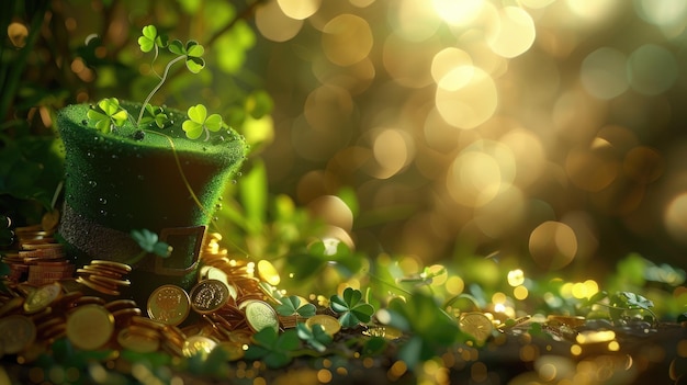 St Patrick's Day achtergrond met groene hoed gouden munten en klaverbladeren Blauw bokeh licht effect