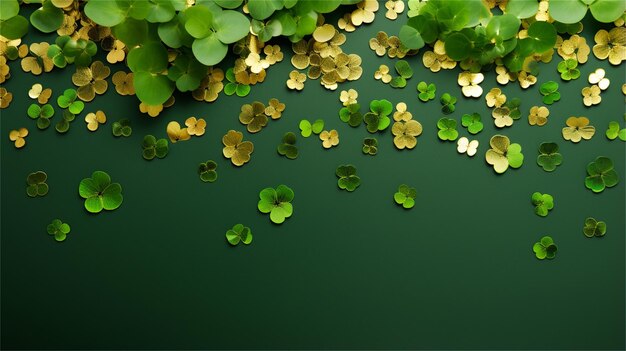 St patrick's day background with clover leaves and gold confetti