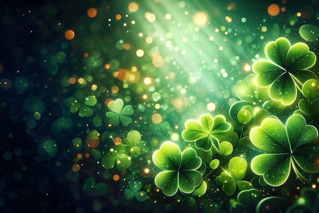 St. Patrick's Day banner met vier blad klaver achtergrond Abstracte groene bokeh