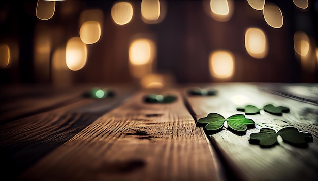 St Patrick's Day concept Image of wooden table in front of abstract blurred background of Bar